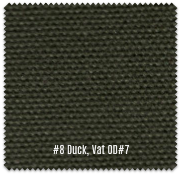#8 Cotton Duck, 60Ã¢â‚¬Â³, Vat OD#7 per CCC-D-950F, Type-1, Class-B. Also, meets the specs. per A-A-59708, Type II, Water Repellent and Mildew Repellent after treated.