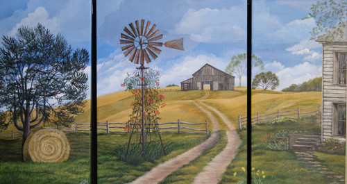 Triptych of the Farm-  A triptych is a painting depicted on three separate canvases to be viewed together. These canvases are each finished as a wrap around canvas which means the painting continues around the edge and side of the canvas so there is no need for framing.  These three sections are hand painted on the sides which is called an enhanced giclee canvas print. They will come with hooks and wires on the back ready to hang on your wall. This farm landscape is 20" high and a total of 36" wide not including the space you leave between.  The center canvas is 16x20 and the two end canvases are 10x20.  These three paintings can be hung symmetrically, asymmetrically, separately or combined on a black background with a frame around them depending on your taste.  If you are interested in a frame just email for a quote. print