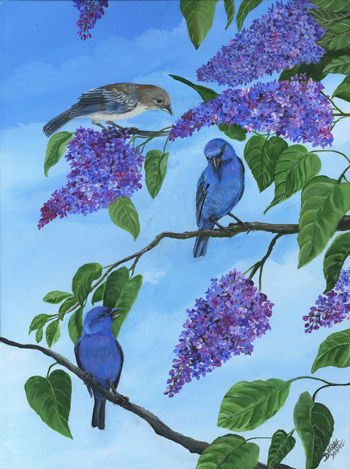 Purple and blue, birds and flowers are a perfect blend to brighten up your room.  14x18 canvas print.