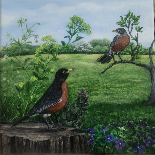Spring Robins and Wild Violets - original 