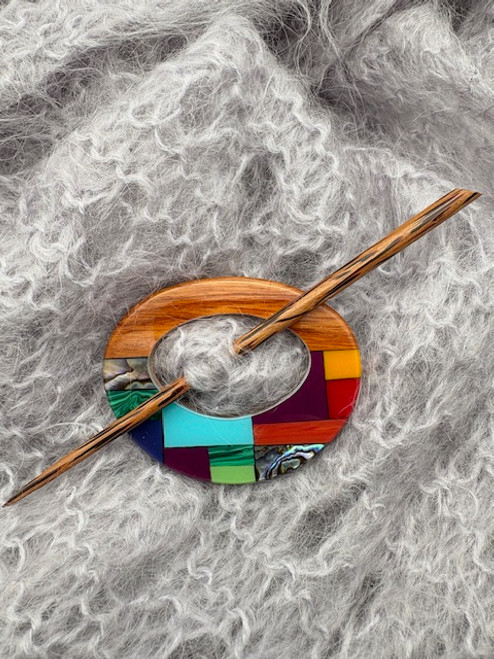 Stone, Shell, and Wood Multicolor Round Off Center Handcrafted Shawl Pin