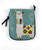 It’s a small turquoise fabric pouch with a side zipper and a playful embroidered llama design. The llama is stitched in white thread and wears a colorful woven blanket on its back, featuring bright squares of yellow, red, blue, and black. Tassels hang from its ears, and a striped scarf wraps around its neck, adding a cheerful touch. Decorative patterns are scattered around the background, giving the pouch a handmade, whimsical charm that feels both artistic and fun.