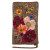 It’s a decorative clutch purse beautifully adorned with intricate beadwork and embroidery. The background shimmers with tiny metallic beads, creating a rich, textured surface. On the front, a vibrant floral design bursts to life—blooms in shades of burgundy, pink, orange, yellow, cream, and purple are arranged in a lively composition. Each flower is carefully detailed with colorful beads and thread, giving the piece depth and dimension. A slim chain strap peeks out at the bottom, adding a touch of elegance to this handcrafted accessory.