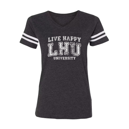 Live Happy University Ladies' jersey football tee in Vintage Smoke is made of 60/40 combed ringspun cotton/polyester vintage heathered fine jersey. Live Happy University Ladies' jersey football tee in Vintage Smoke is made of 60/40 combed ringspun cotton/polyester vintage heathered fine jersey.