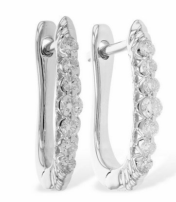 14KW GOLD SMALL DIAMOND HOOP EARRINGS WITH LATCH BACKS
14KT WHITE GOLD 
14=0.25CTTW ROUND BRILLIANT CUT DIAMONDS G COLOR, SI3 CLARITY