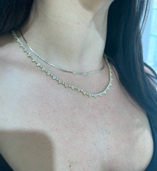 unique diamond tennis necklace, yellow gold necklace, neck stack