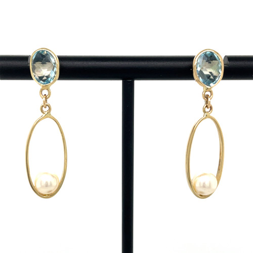 blue topaz earrings, blue topaz and pearl earrings, unique earrings