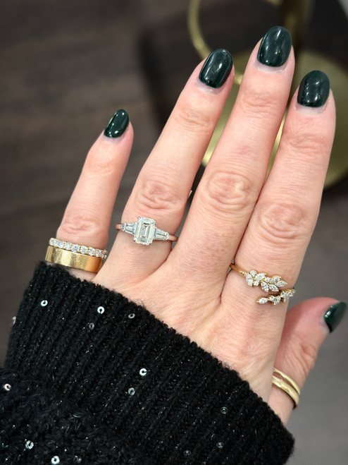 emerald cut diamond, emerald cut engagement ring, classic engagement ring, white gold engagement ring, three stone engagement ring