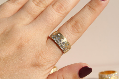 confetti ring, diamond confetti, diamond confetti ring, scattered diamond ring, wide diamond ring, yellow gold diamond band
