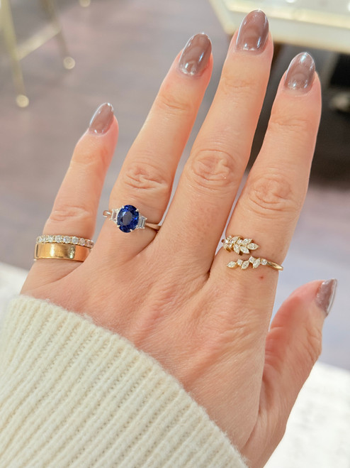 Oval Sapphire and Trapezoid Diamond Three Stone Ring