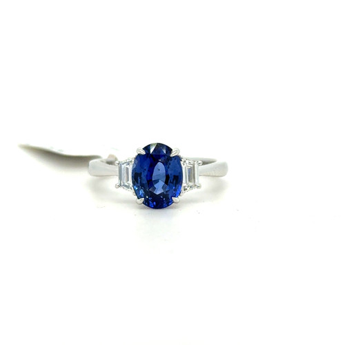 Oval Sapphire and Trapezoid Diamond Three Stone Ring