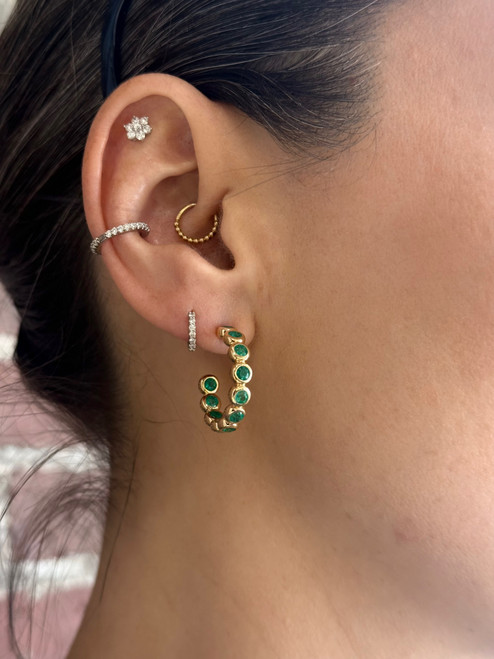 Colombian emerald earrings, Colombian emerald hoops, unique emerald jewelry, unique emerald hoops, yellow gold emerald jewelry, yellow gold emerald earrings