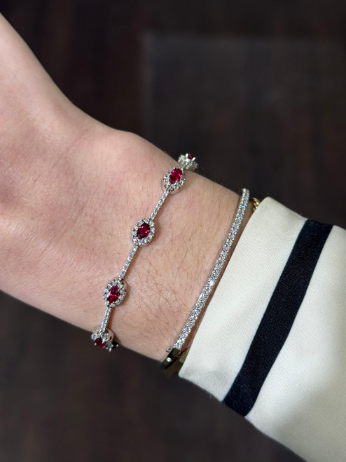 ruby and diamond bracelet, ruby and diamond jewelry, ruby and diamond halo bracelet, unique ruby jewelry, unique ruby bracelet