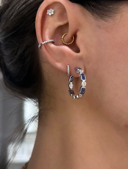 sapphire earrings, sapphire hoops, sapphire jewelry, sapphire and diamond earrings, sapphire and diamond hoops, sapphire and diamond jewelry, unique sapphire jewelry, unique sapphire earrings