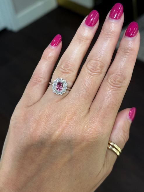 pink spinel ring, pink spinel and diamond ring, pink spinel with diamond halo, pink spinel jewelry, unique ring