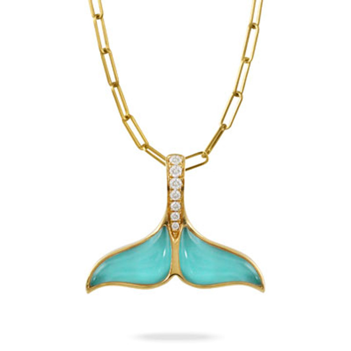 18KY GOLD "TROPICS" DIAMOND WHALE TAIL PENDANT WITH 3.74CT CLEAR QUARTS OVER AMAZONITE 
18KT YELLOW GOLD
3.74CT CLEAR QUARTS OVER AMAZONITE
7=0.11CTTW ROUND BRILLIANT CUT DIAMONDS G-H COLOR, SI CLARITY