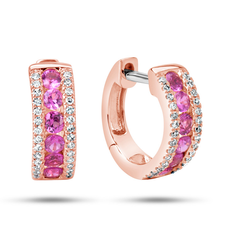 Pink Sapphire + Diamond Hoops