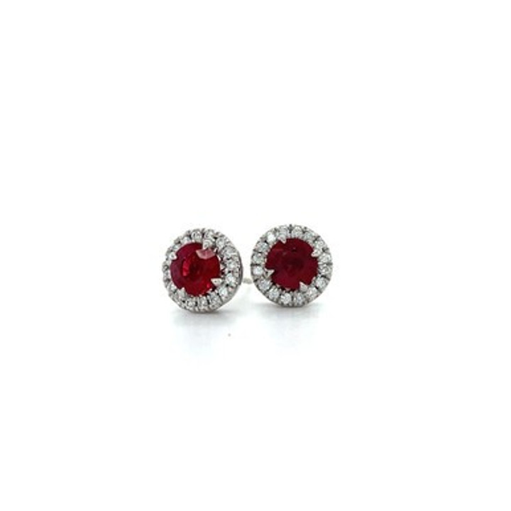 ruby studs, ruby earrings, ruby halo earrings, ruby and diamond earrings, ruby and diamond studs, ruby jewelry, birthstone