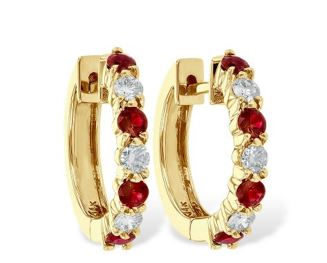 ruby and diamond hoops, ruby and diamond earrings, ruby hoops, ruby earrings, yellow gold ruby earrings