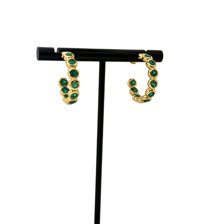Colombian emerald earrings, Colombian emerald hoops, unique emerald jewelry, unique emerald hoops, yellow gold emerald jewelry, yellow gold emerald earrings