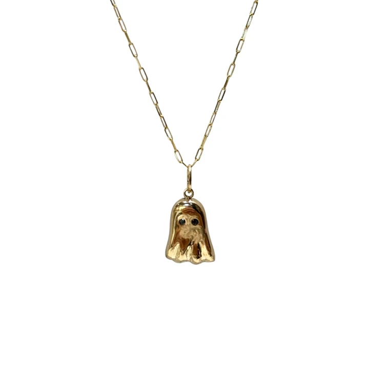 Recycled Yellow Gold Ghostie Charm Pendant, Black Diamond Eyes