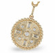 14KY GOLD DIAMOND CIRCLE PENDANT WITH POLISHED BAIL ON 18" ROPE CHAIN 
14KT YELLOW GOLD 
5=0.13CTTW ROUND BRILLIANT CUT DIAMONDS G COLOR, SI1 CLARITY
4=0.10CTTW BAGUETTE CUT DIAMONDS G COLOR, SI1 CLARITY