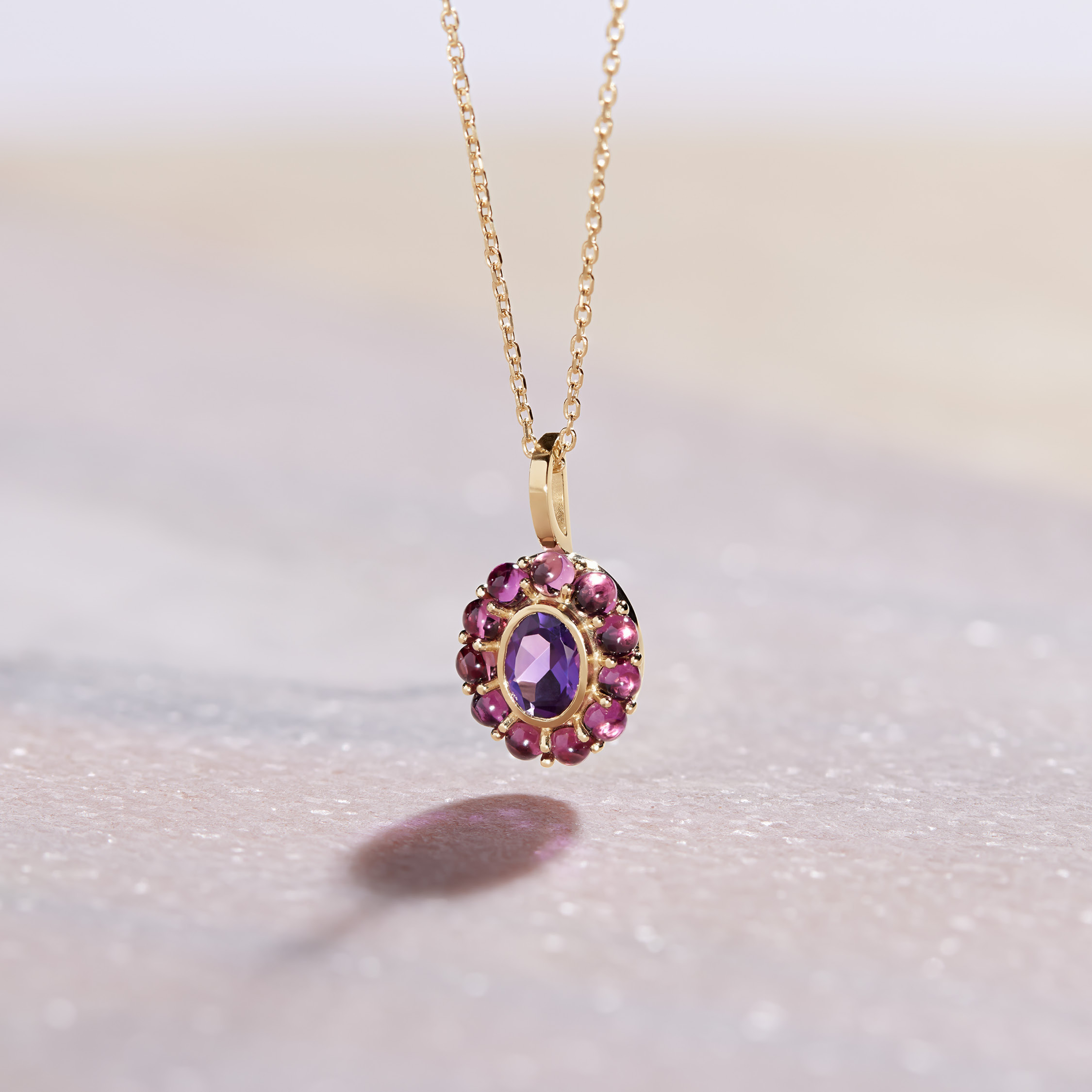 amethyst, rhodolite garnet, january, february, yellow gold