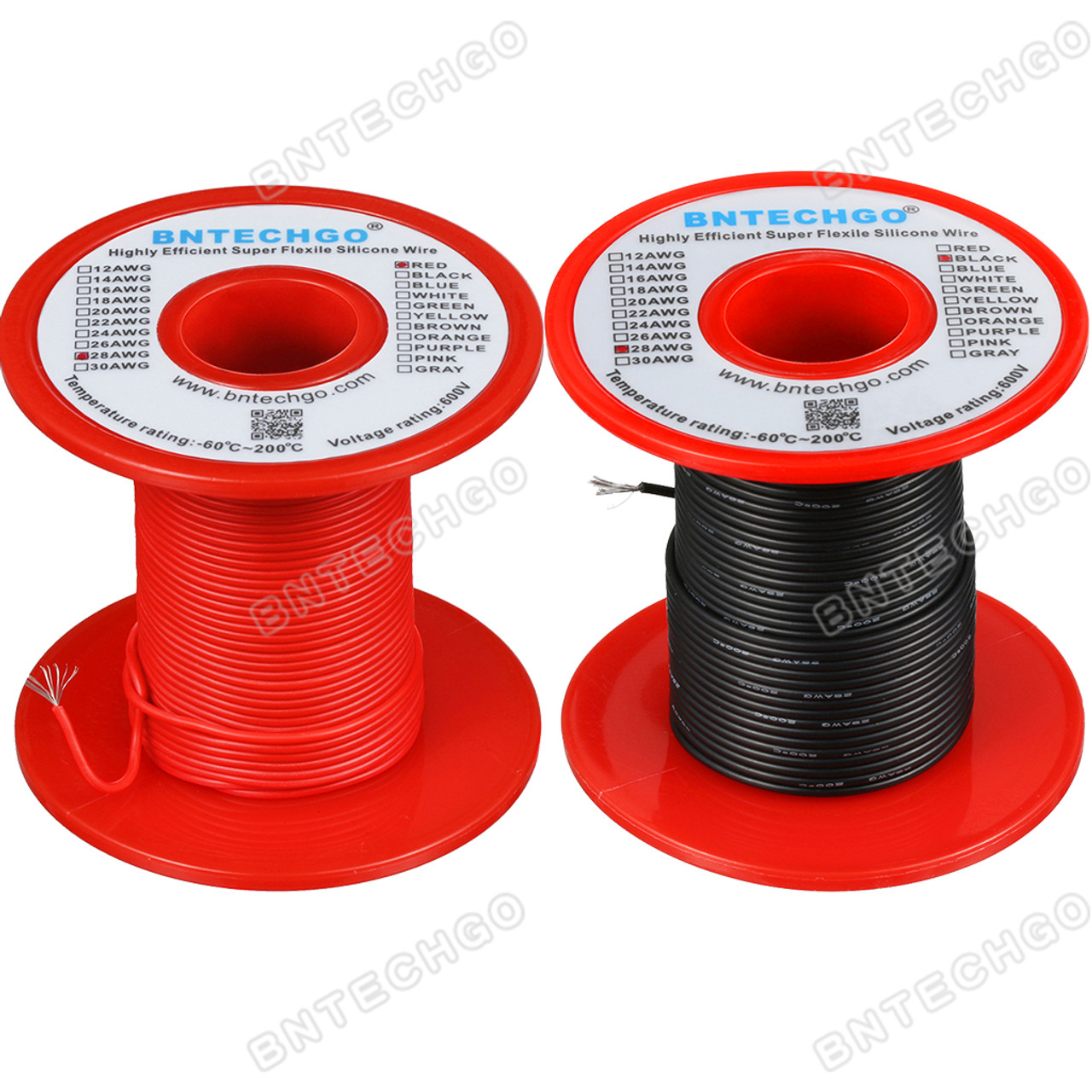 BNTECHGO 28 AWG Silicone Wire Spool 500 feet Ultra Flexible High Temp 200  deg C 600V 28 Gauge Silicone Wire 16 Strands of Tinned Copper Wire 250 ft