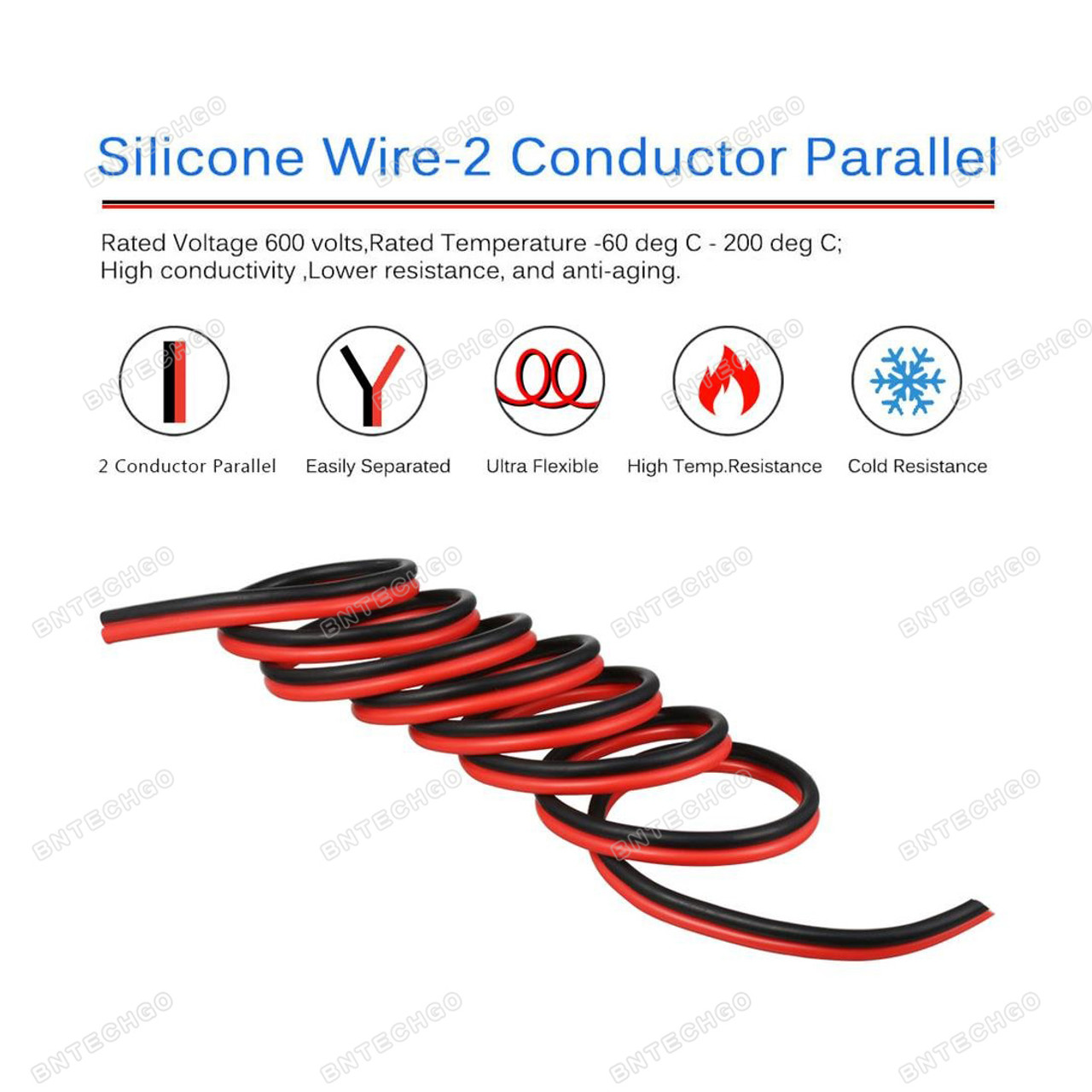 BNTECHGO 8 Gauge Flexible 2 Conductor Parallel Silicone Wire Red Black High  Resistant 200 deg C 600V for Single Color LED Strip Extension Cable Cord