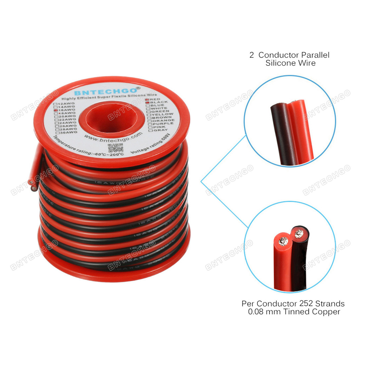 BNTECHGO 16 Gauge Flexible 2 Conductor Parallel Silicone Wire Spool Red  Black High Resistant 200 deg C 600V for Single Color LED Strip Extension  Cable