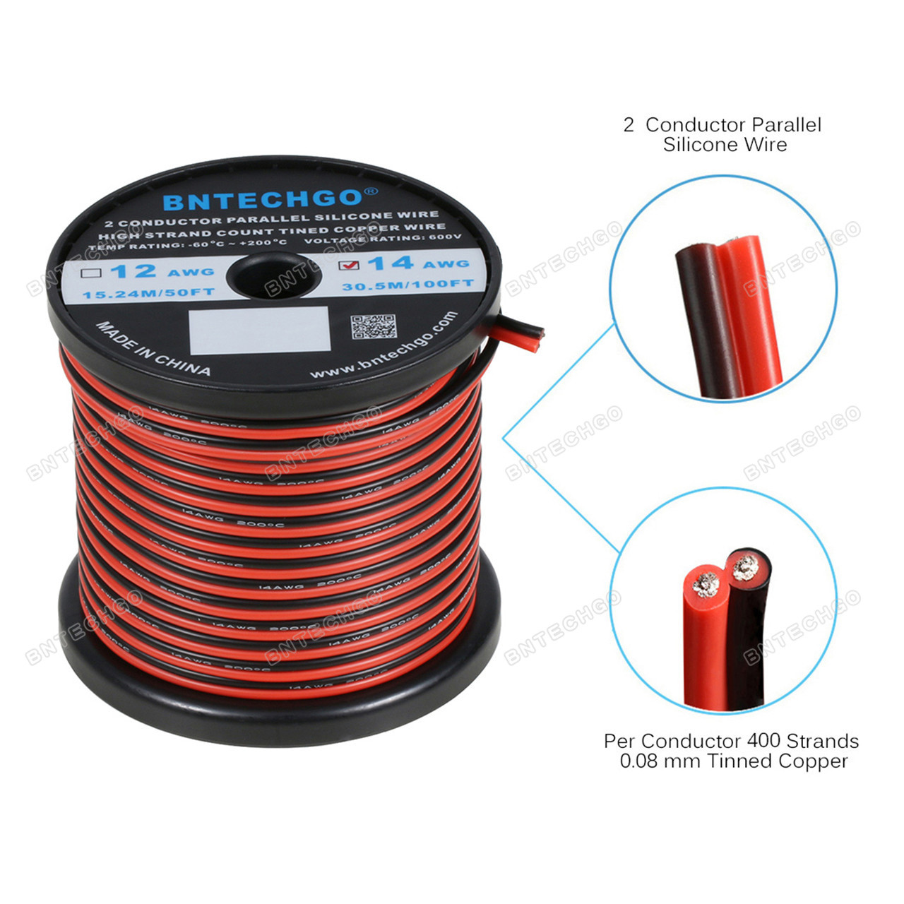 14 AWG Flexible Red Black 2 Conductor Parallel Silicone Wire