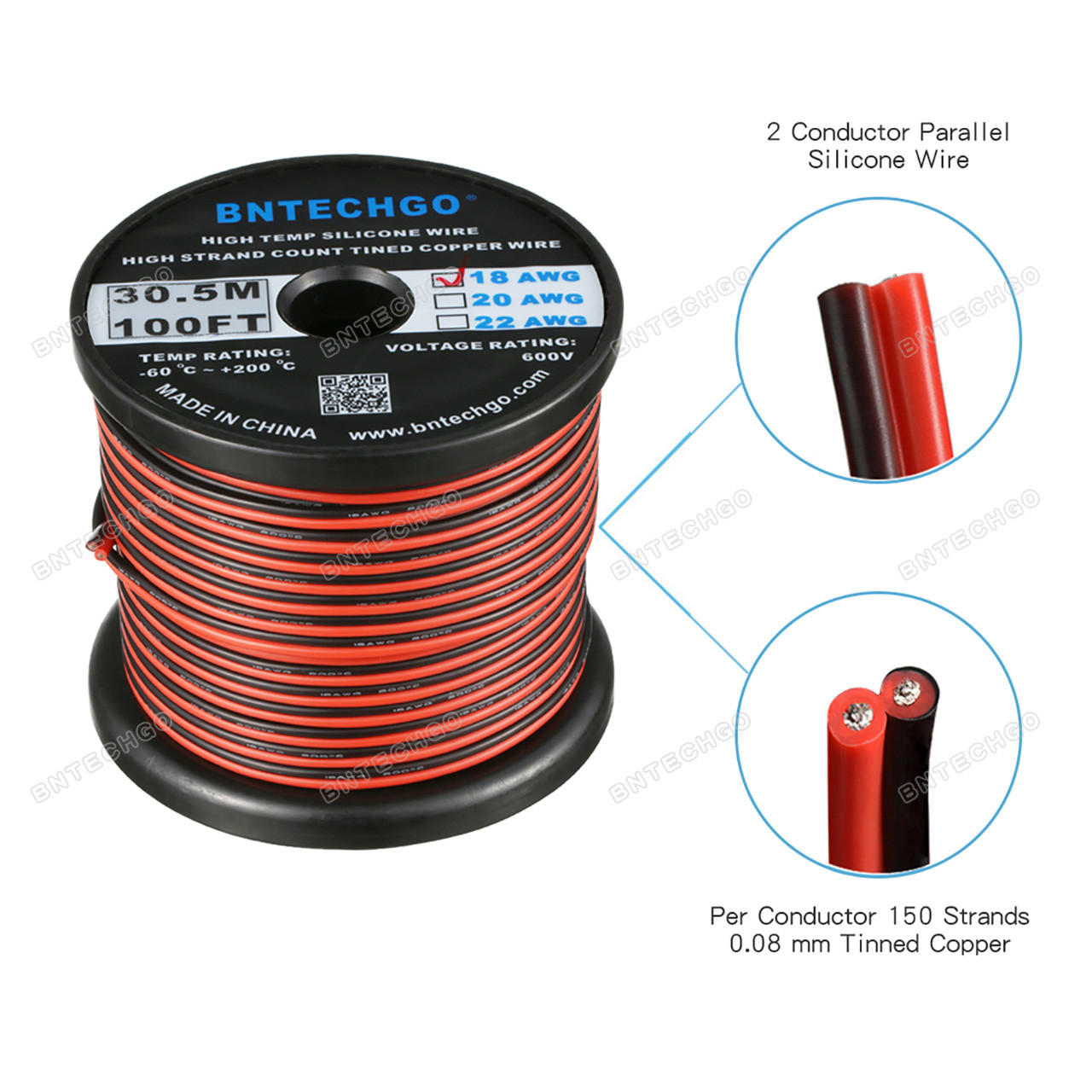 BNTECHGO 18 Gauge Flexible 2 Conductor Parallel Silicone Wire Spool Red  Black High Resistant 200 deg C 600V for Single Color LED Strip Extension  Cable