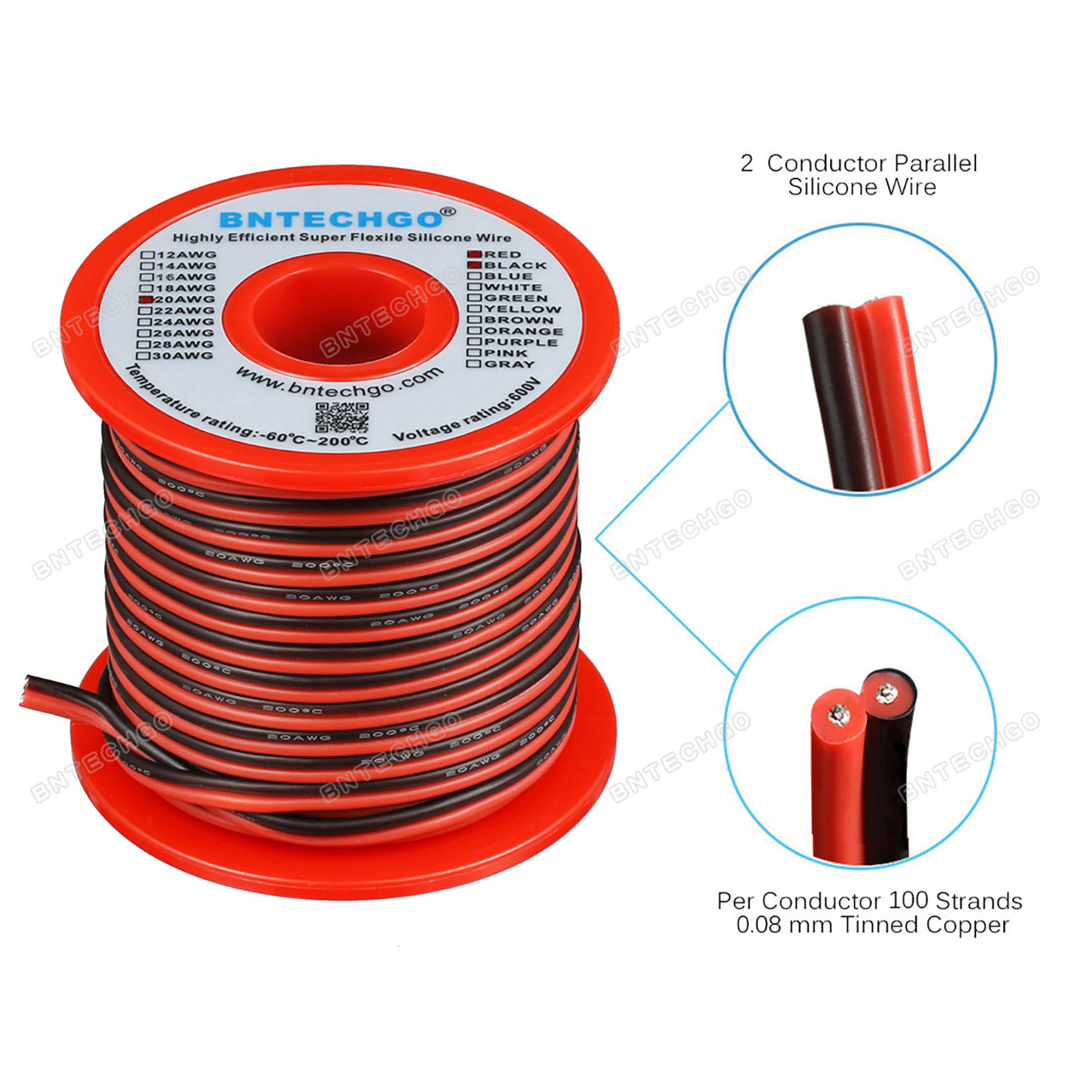 BNTECHGO 20 Gauge Flexible 2 Conductor Parallel Silicone Wire Spool Red  Black High Resistant 200 deg C 600V for Single Color LED Strip Extension  Cable Cord,Model,50ft Stranded Tinned Copper Wire 