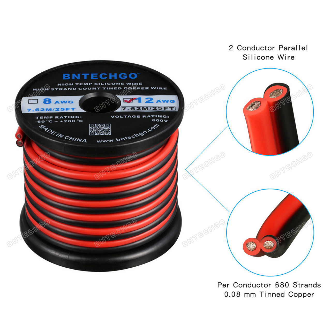 12 AWG Flexible Red Black 2 Conductor Parallel Silicone Wire