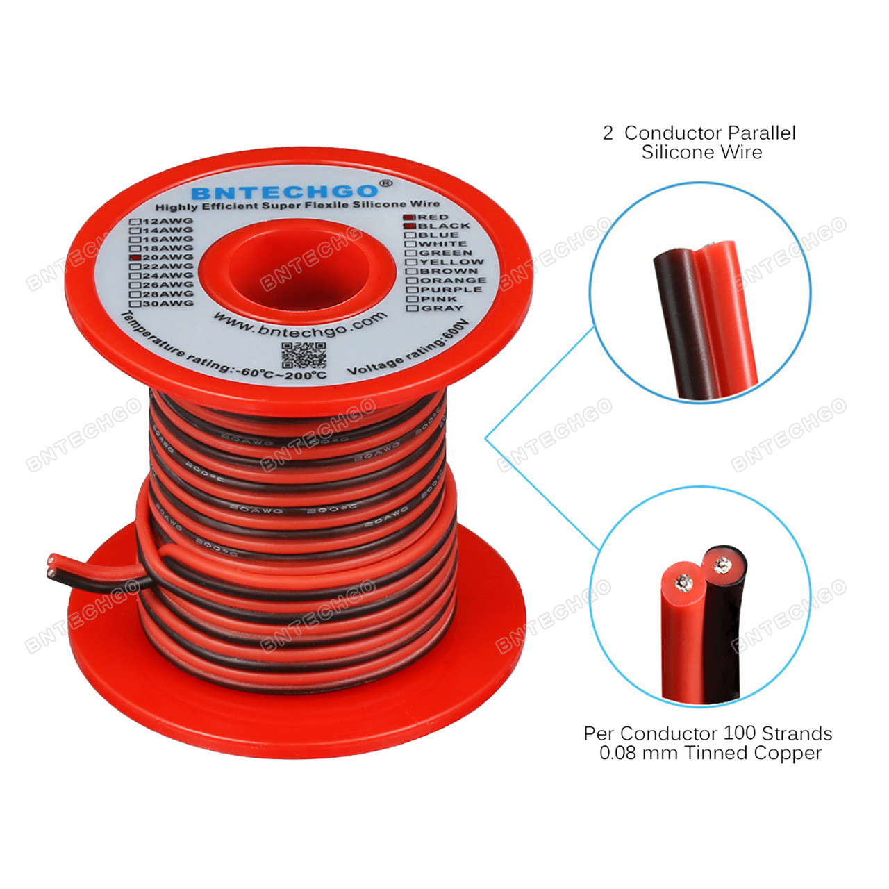 Ultra flexible soft 20 AWG 2 conductor parallel silicone wire