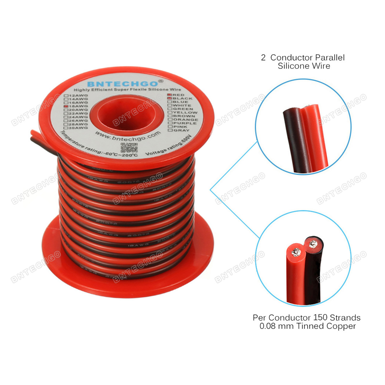 Ultra flexible soft 18 AWG 2 conductor parallel silicone wire