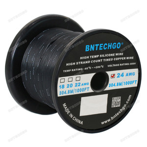 BNTECHGO 24 Gauge Silicone Wire Spool, Black, 1000 feet, Ultra Flexible, High Temp 200°C, 600V, 24 AWG Silicone Rubber Wire with 40 Strands of Tinned Copper Wire, Stranded Wire for Model Battery BNTECHGO 24 Gauge Silicone Wire Spool, Black, 1000 feet, Ultra Flexible, High Temp 200°C, 600V, 24 AWG Silicone Rubber Wire with 40 Strands of Tinned Copper Wire, Stranded Wire for Model Battery
