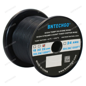 BNTECHGO 22 Gauge Silicone Wire Spool, Black, 1000 feet, Ultra Flexible, High Temp 200°C, 600V, 22 AWG Silicone Rubber Wire with 60 Strands of Tinned Copper Wire, Stranded Wire for Model Battery BNTECHGO 22 Gauge Silicone Wire Spool, Black, 1000 feet, Ultra Flexible, High Temp 200°C, 600V, 22 AWG Silicone Rubber Wire with 60 Strands of Tinned Copper Wire, Stranded Wire for Model Battery