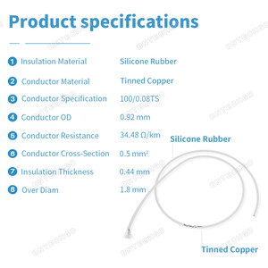 20 AWG silicone wire has 100 strands 0.08 mm tinned copper wire,OD 1.8 mm +/- 0.1 mm 20 AWG silicone wire has 100 strands 0.08 mm tinned copper wire,OD 1.8 mm +/- 0.1 mm