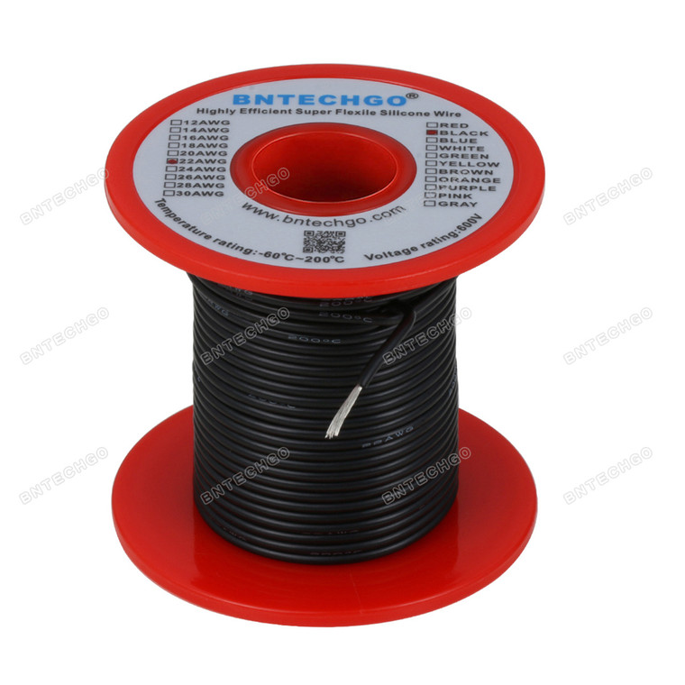 22 Gauge Silicone Wire Spool Black 100 feet Ultra Flexible