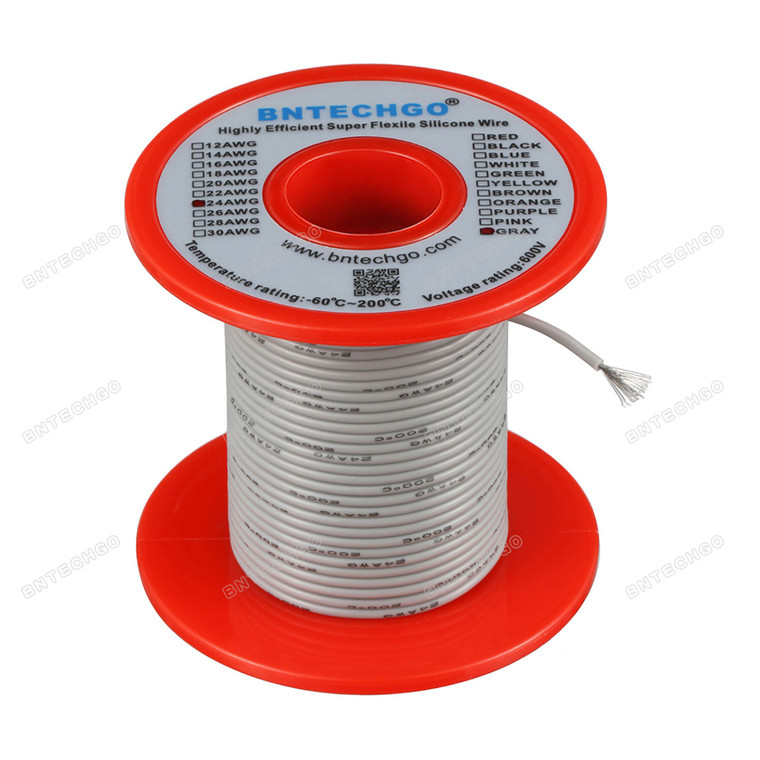 24 Gauge Silicone Wire Spool Gray 100 feet Ultra Flexible High Temp 200 deg C