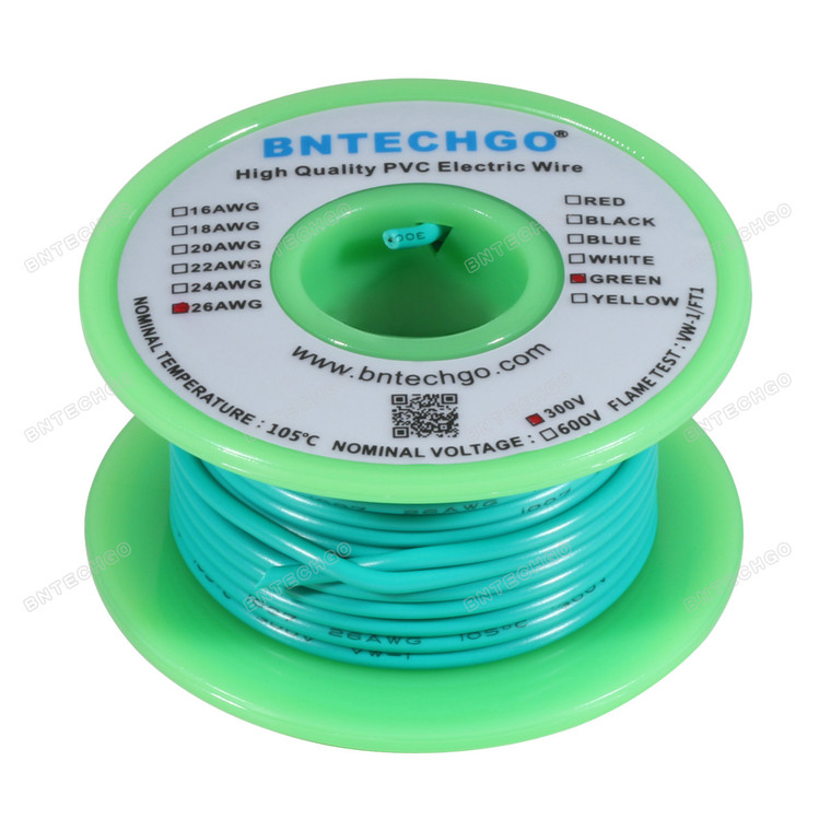 BNTECHGO 26 AWG 1007 Electric wire Stranded Tinned Copper Wire Green 50 ft Per Reel For DIY