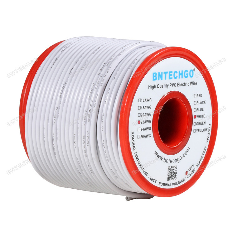BNTECHGO 22 AWG 1007 Electric wire Solid Tinned Copper Wire White 100 ft Per Reel For DIY