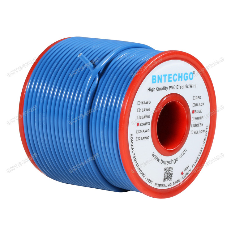 BNTECHGO 22 AWG 1007 Electric wire Tinned Copper Wire Blue 100 ft Per Reel For DIY