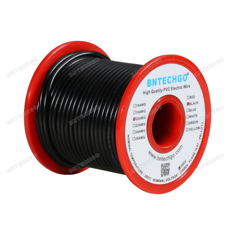 BNTECHGO 20 AWG 1007 Solid Wire Electric wire Solid Tinned Copper Wire Black 100 ft Per Reel For DIY