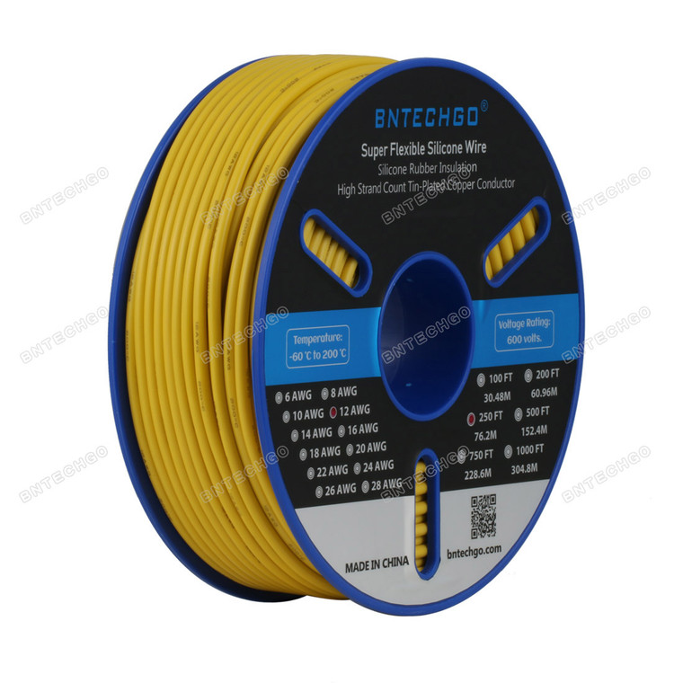 BNTECHGO 12 Gauge Silicone Wire Spool Yellow 250 feet Ultra Flexible High Temp 200 deg C 600V 12AWG Silicone Rubber Wire 680 Strands of Tinned Copper Wire Stranded Wire for Model Battery Low Impedance
