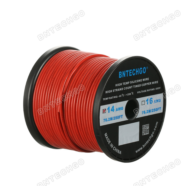 BNTECHGO 14 Gauge Silicone Wire Spool, Red, 250 feet, Ultra Flexible, High Temp 200°C, 600V, 14 AWG Silicone Rubber Wire with 400 Strands of Tinned Copper Wire, Stranded Wire for Model Battery