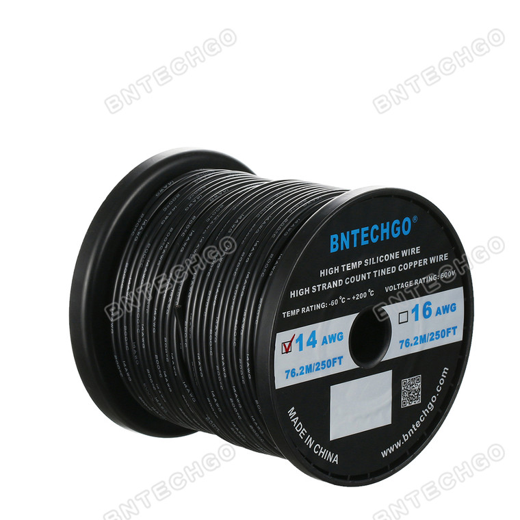 BNTECHGO 14 Gauge Silicone Wire Spool, Black, 250 feet, Ultra Flexible, High Temp 200°C, 600V, 14 AWG Silicone Rubber Wire with 400 Strands of Tinned Copper Wire, Stranded Wire for Model Battery