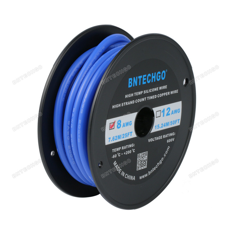 BNTECHGO 8 Gauge Silicone Wire Spool, Blue, 25 feet, Ultra Flexible, High Temp 200°C, 600V, 8 AWG Silicone Rubber Wire with 1650 Strands of Tinned Copper Wire, Stranded Wire for Model Battery