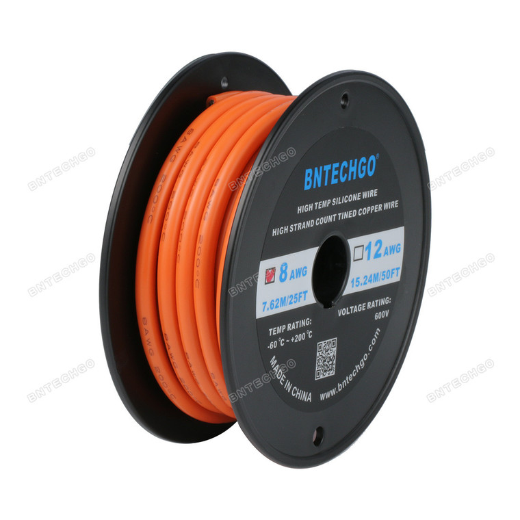 BNTECHGO 8 Gauge Silicone Wire Spool, Orange, 25 feet, Ultra Flexible, High Temp 200°C, 600V, 8 AWG Silicone Rubber Wire with 1650 Strands of Tinned Copper Wire, Stranded Wire for Model Battery